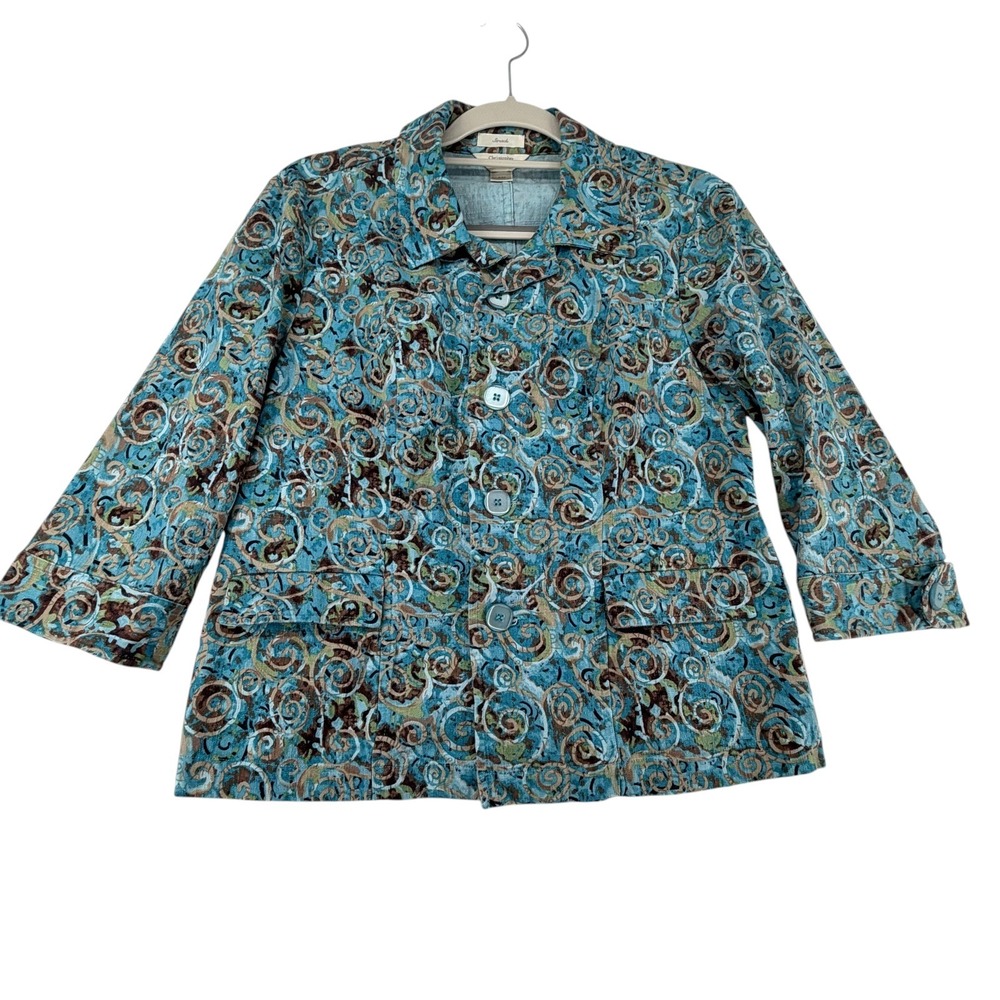 Christopher & Banks Petite Medium Blue Brown Swirl Print Stretch Jacket Y2K Boho